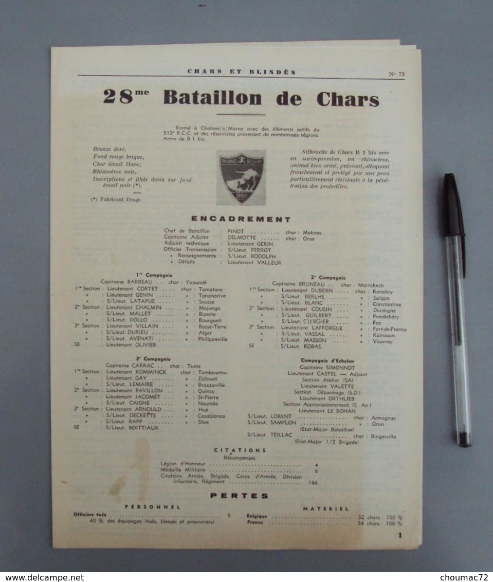 Militaria 004, Chars Et Blindés N° 73, RCC 28me BCC Bataillon De Chars De Combat, Historique, Insigne, Encadrement, 6 Pa - Altri & Non Classificati