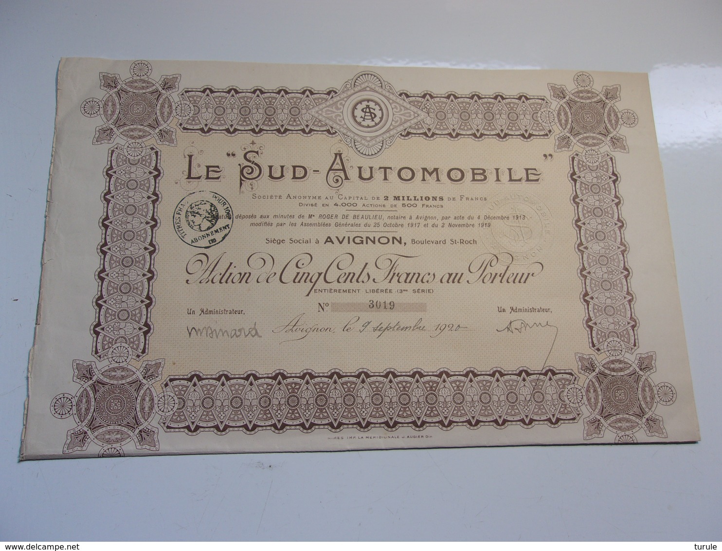 LE  SUD-AUTOMOBILE (capital 2 Millions) AVIGNON , VAUCLUSE (1920) - Other & Unclassified