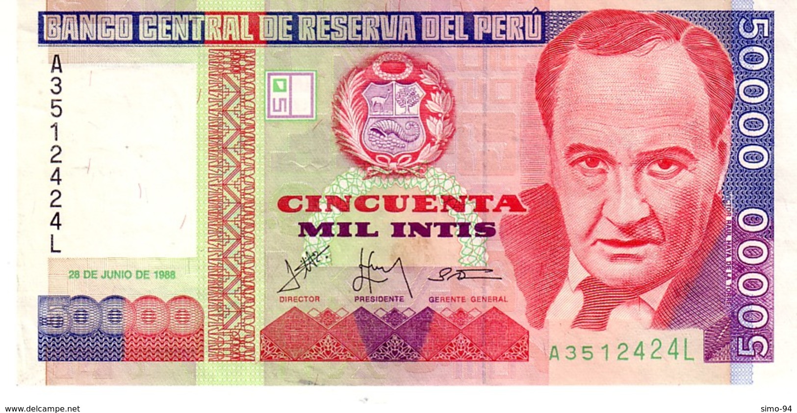 Peru P.142  50000 Intis 1988 Unc - Perù