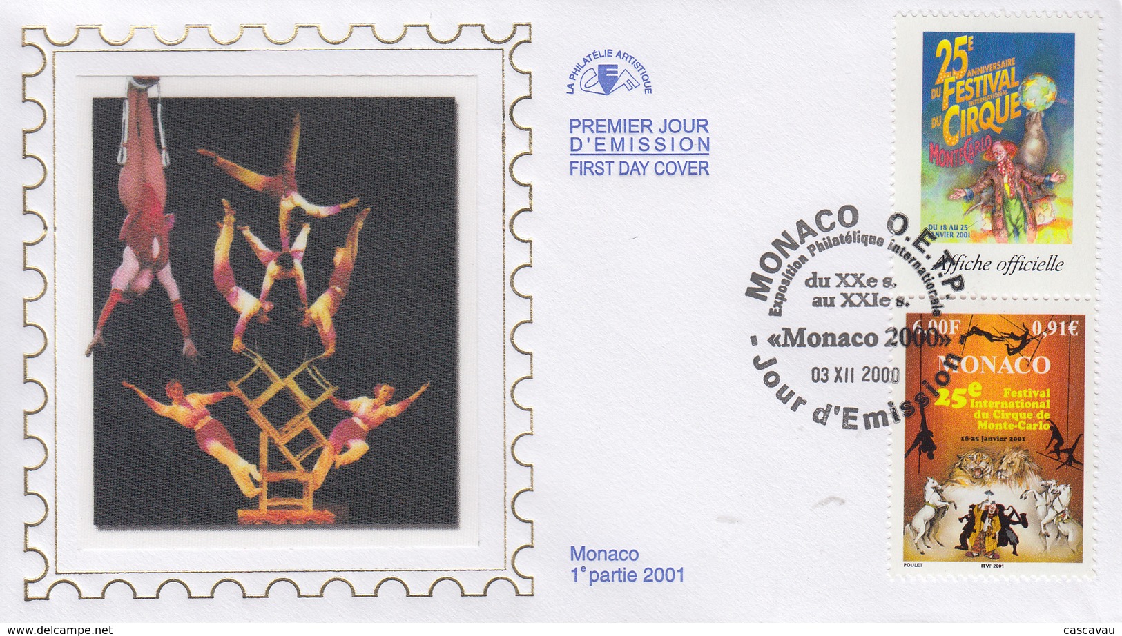 Enveloppe  FDC  1er  Jour   MONACO    25éme  FESTIVAL  INTERNATIONAL  Du  CIRQUE    2000 - Circo