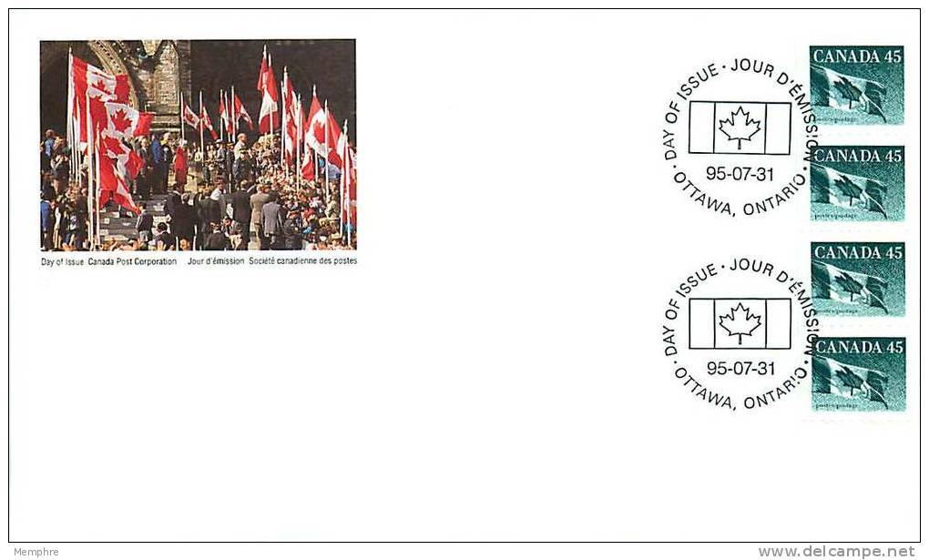 1995 Flag  45 &cent; Definitive Coil Stamp    Sc 1396   Strip  Of 4 - 1991-2000