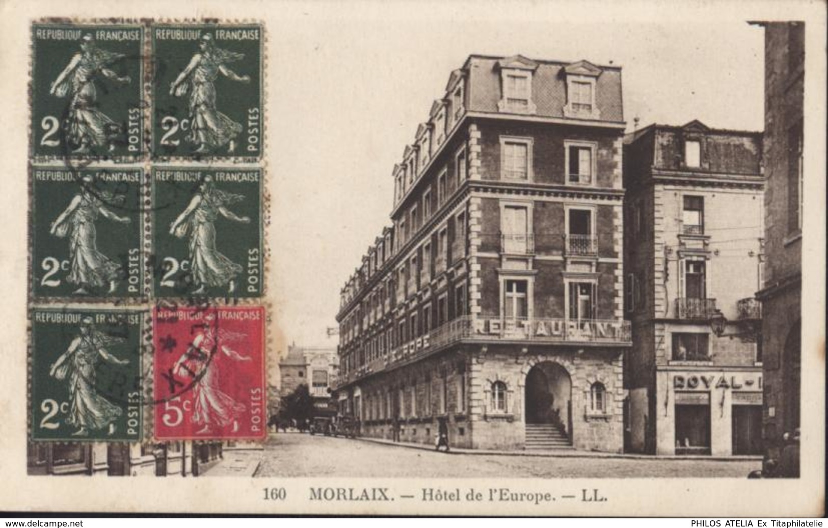 CP Morlaix Hôtel De L'Europe YT 278 X5  + 278 B Semeuse Camée CAD Morlaix Finistère 21   21 6 37 - Lettres & Documents