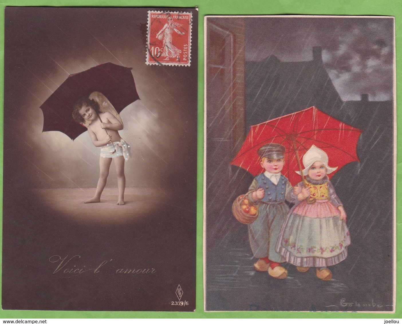 2 CPA Scene Enfant Avec Parapluie 1 Signée Illustrateur Colombo - Autres & Non Classés