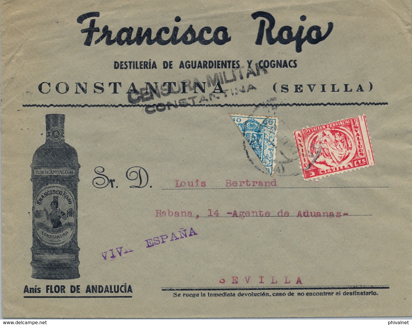 1937 , SEVILLA , SOBRE ILUSTRADO , " ANIS FLOR DE ANDALUCIA " , CONSTANTINA - SEVILLA , CENSURA MILITAR , BISECTADO - Brieven En Documenten