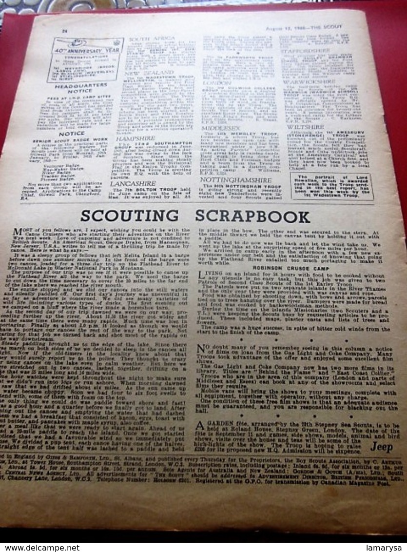 08/1948--THE SCOUT FOUNDED LORD BADEN-POWELL-OFFICIAL-ORGAN-BOY-SCOUT-SCOUTING-SCOUTISME-JAMBOREE-SCRAPBOOK-ADVERTISSING