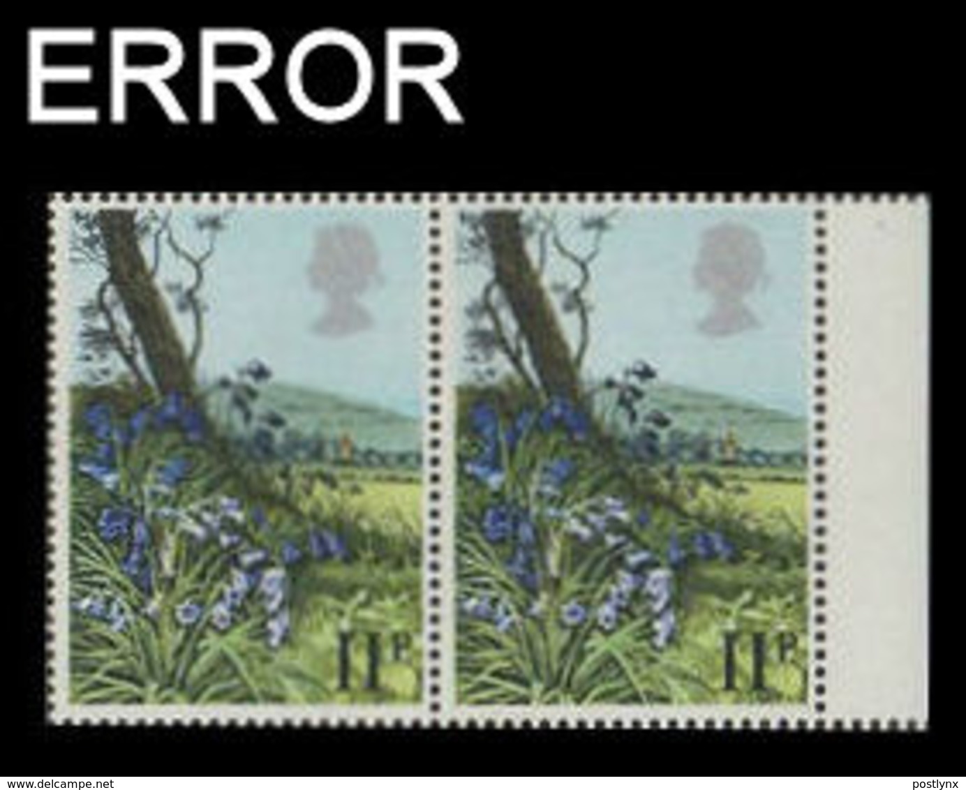 Great Britain 1980 Flowers Bluebell 11p MARG.PAIR ERROR: Queens Head Left - Errors, Freaks & Oddities (EFOs