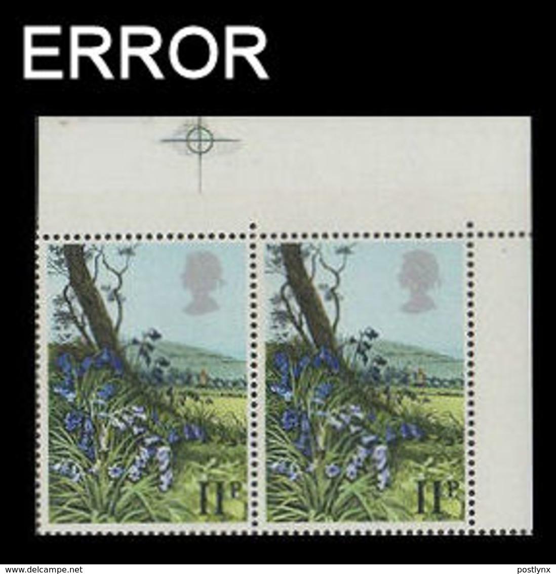 Great Britain 1980 Flowers Bluebell 11p CORNER PAIR ERROR: Queens Head Left - Errors, Freaks & Oddities (EFOs