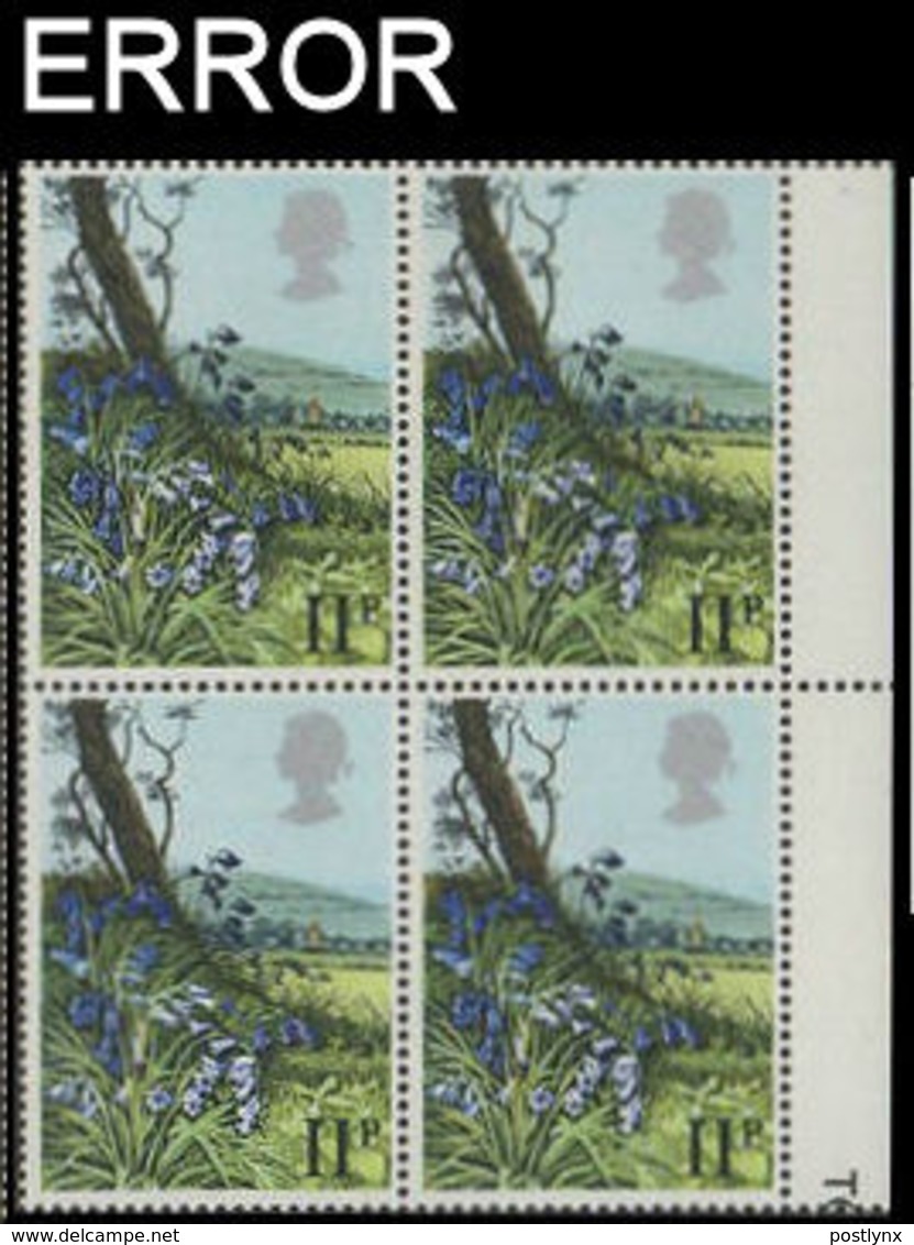 Great Britain 1980 Flowers Bluebell 11p MARG.4-BLOCK ERROR: Queens Head Left - Variétés, Erreurs & Curiosités