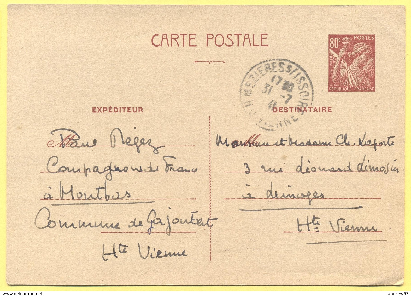 FRANCIA - France - 1941 - 80c Iris - Carte Postale - Intero Postale - Entier Postal - Postal Stationery - Viaggiata Da M - Cartoline Postali E Su Commissione Privata TSC (ante 1995)