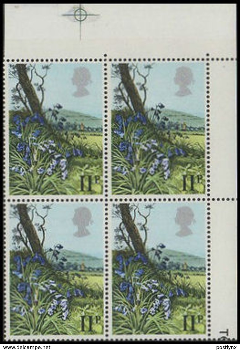 Great Britain 1979 Flowers Bluebell 11p CORNER 4-BLOCK ERROR: Queens Head Left - Errors, Freaks & Oddities (EFOs