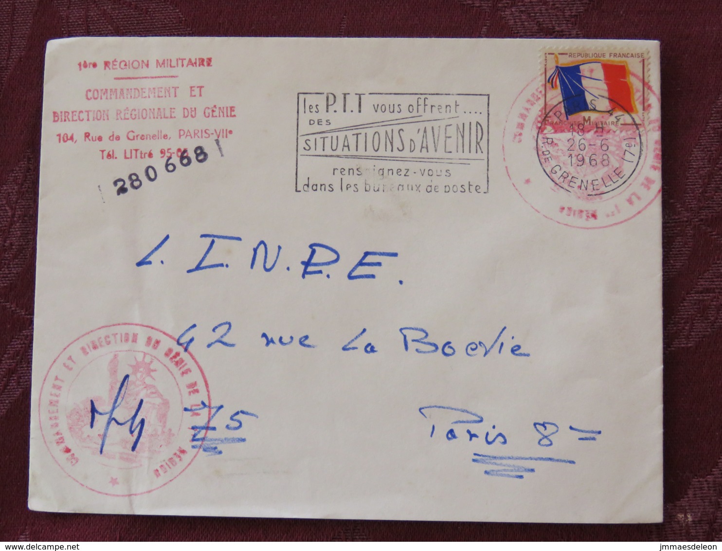 France 1968 Military Cover Genie Paris (postal Jobs Slogan) (Vaguemestre Cancel) To I.N.P.E. Paris - Flag - Timbres De Franchise Militaire