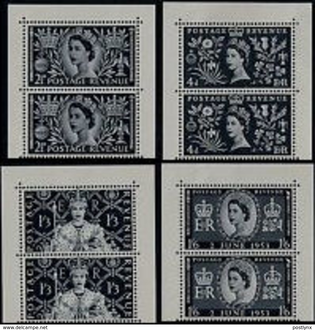 GREAT BRITAIN 1953 QII Coronation Perf. BLACKPRINT PAIRS:4 (upper Corners) - Ensayos, Pruebas & Reimpresiones