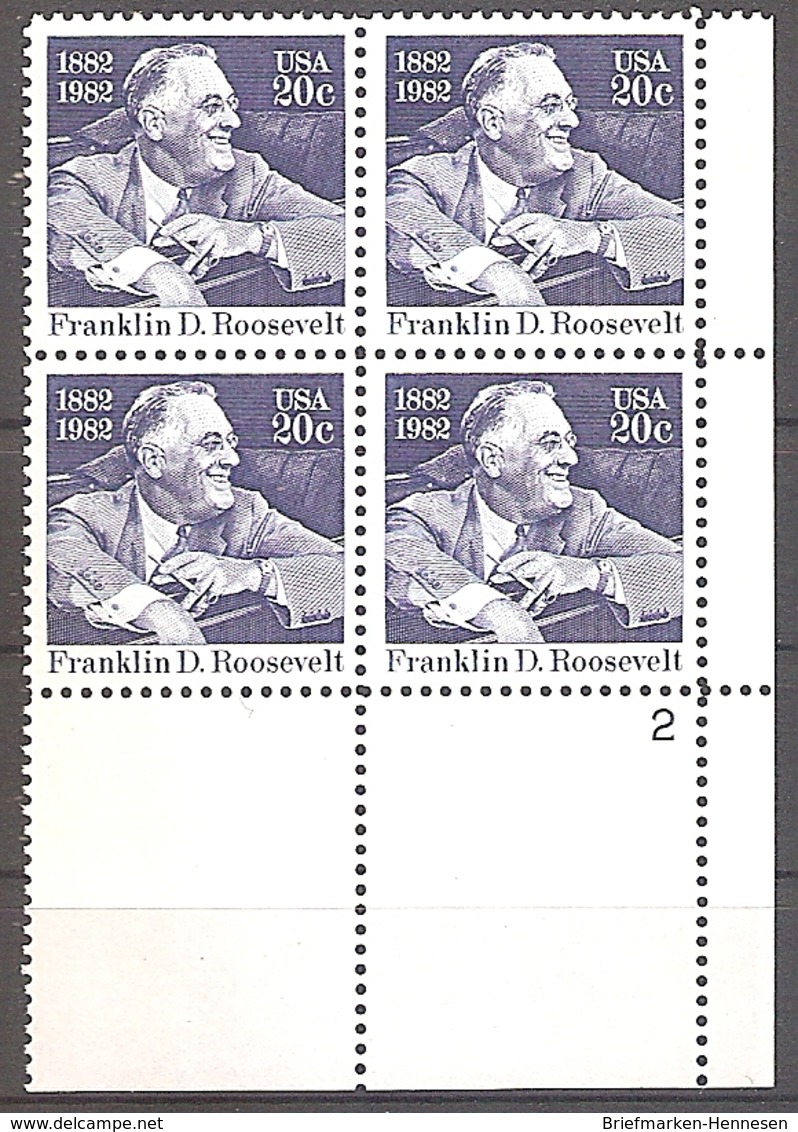 USA Mi.Nr. 1527 ** Franklin D. Roosevelt 1982 Plateblock (2019232) - Numero Di Lastre