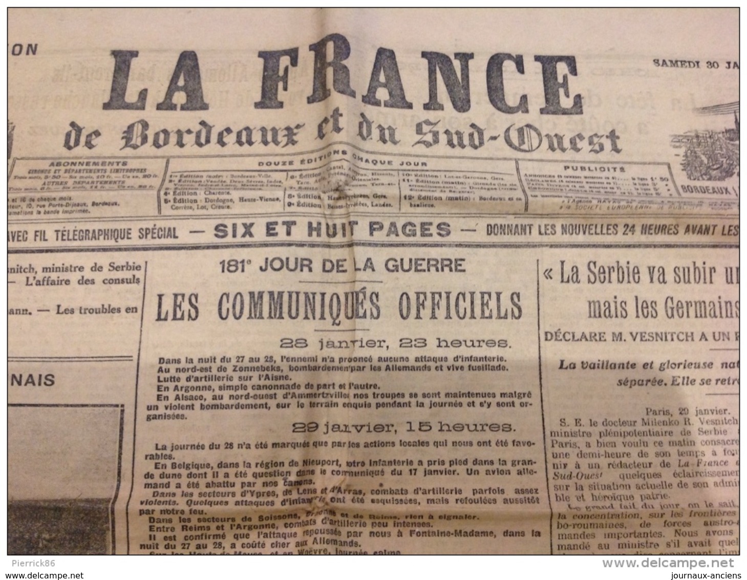 WW1 Le 30 Janvier 1915 LA FRANCE DE BORDEAUX ET DU SUD OUEST - DANS LE SOISSONNAIS - Français