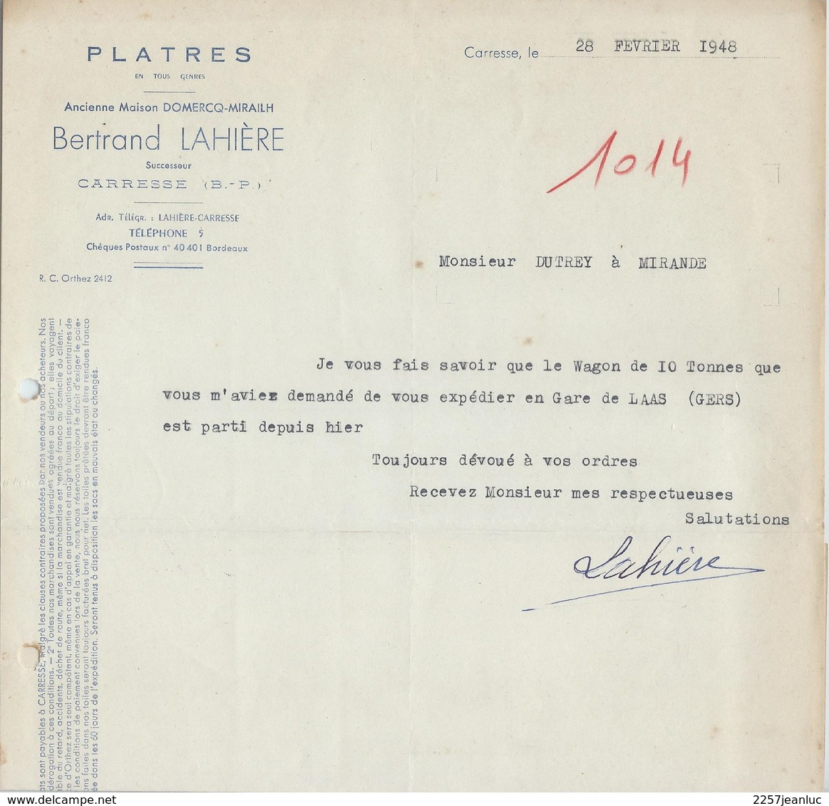 Carresse ( B.P ) Février 1948 - Platres En Tous Genres Bertrand Lahière - 1900 – 1949