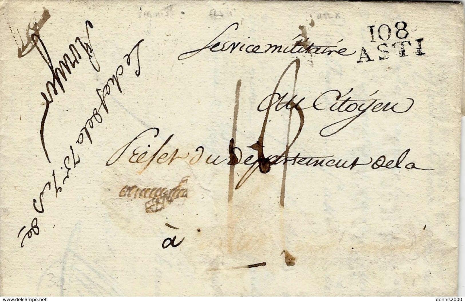 An 10 - " Service Militaire "  Lettre De 108 / ASTI ( Le Tanaro ) 19 Mm Noir  + " Le Chef De La 75 è ....  " Manuscrit - 1792-1815: Départements Conquis