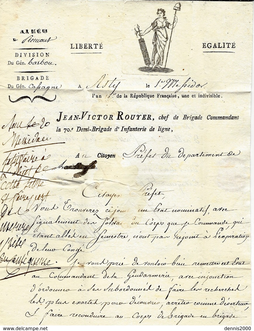 An 10 - " Service Militaire "  Lettre De 108 / ASTI ( Le Tanaro ) 19 Mm Noir  + " Le Chef De La 75 è ....  " Manuscrit - 1792-1815: Départements Conquis