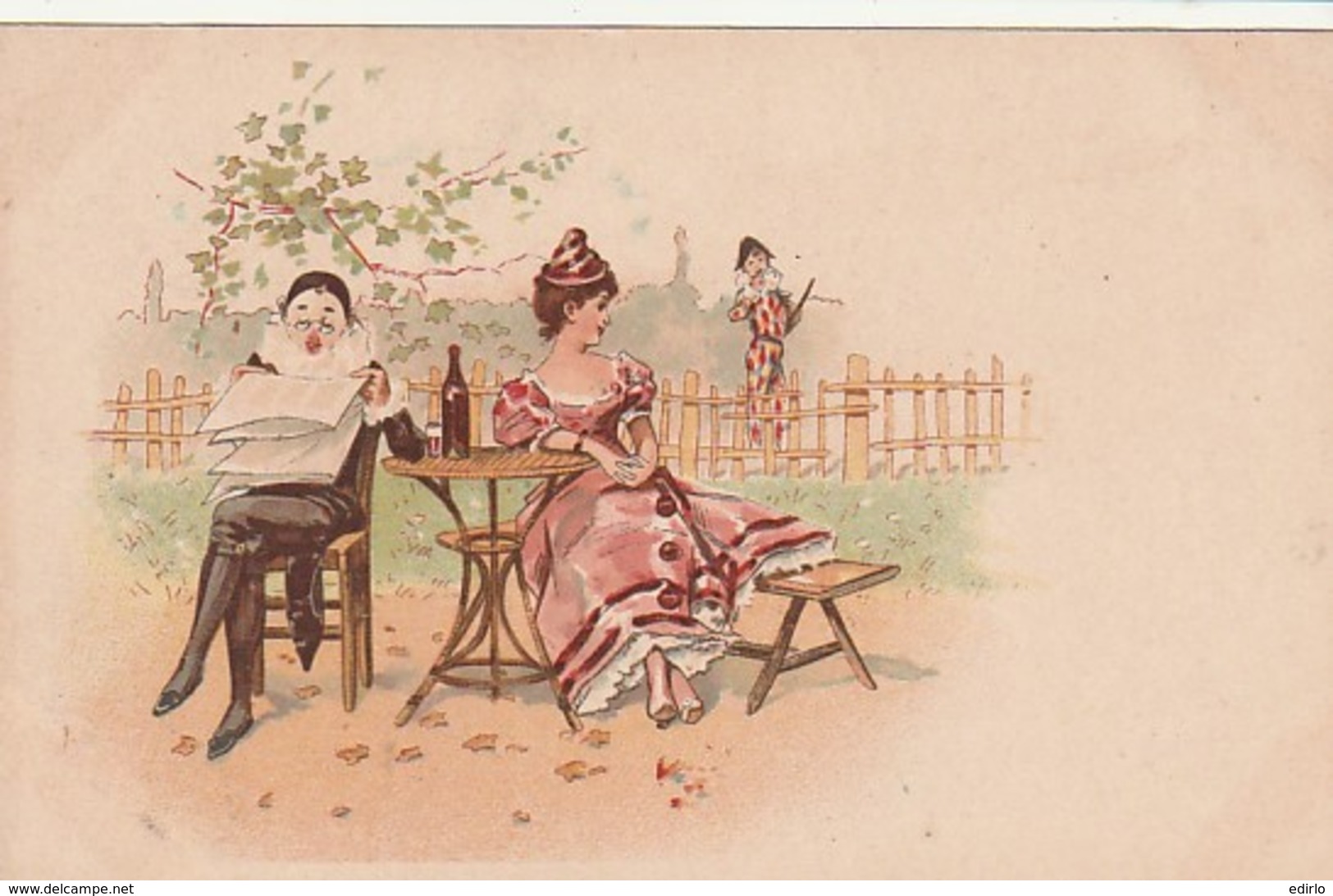 ***  Illustrateur Précurseur  Arlequin Pierrot Et Colombine  Autour D'un Verre De Vin -- TTB Neuve - Avant 1900