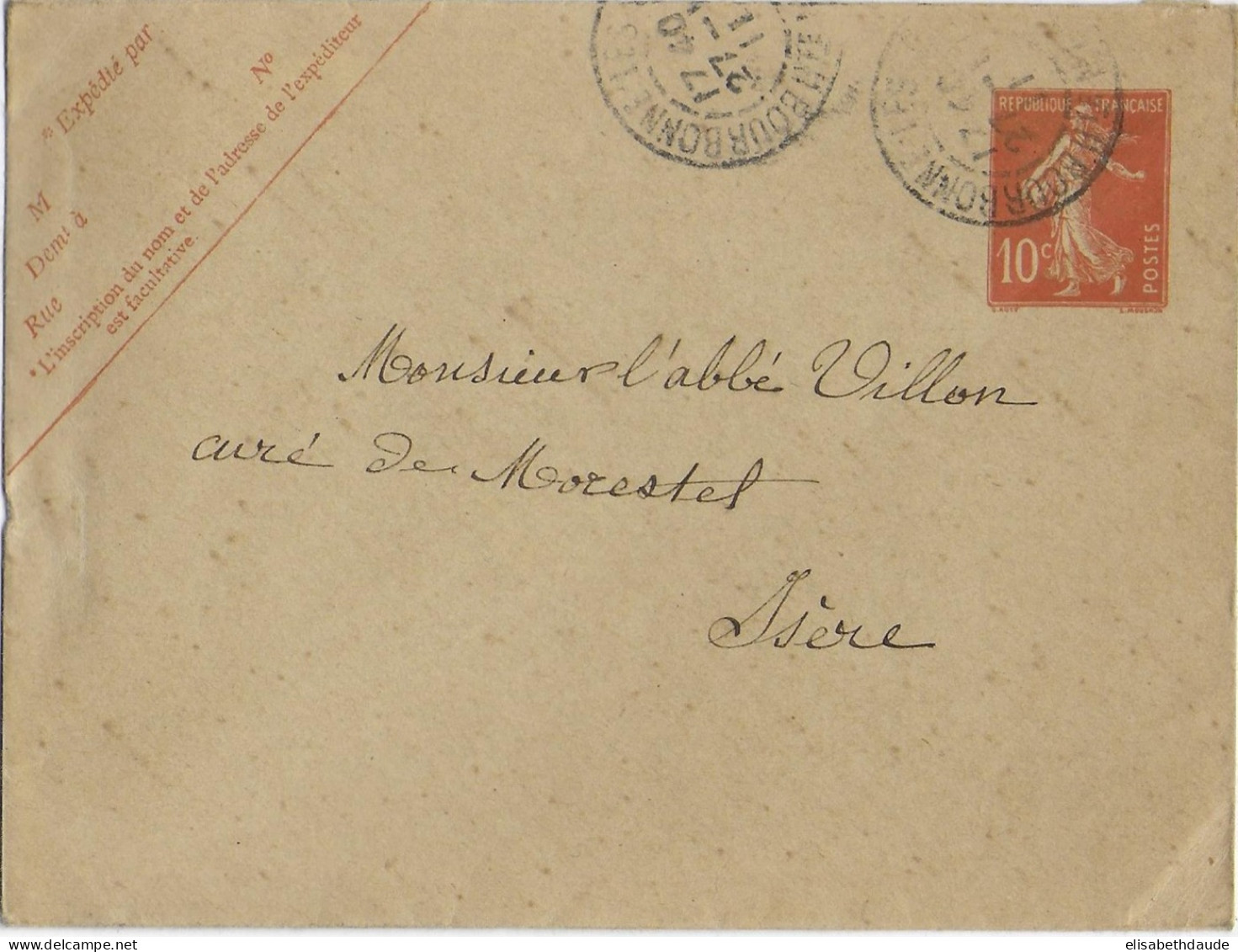 1911 - ENVELOPPE ENTIER POSTAL SEMEUSE 125X94 De BOURBONNE LES BAINS => MORESTEL (ISERE) - Enveloppes Types Et TSC (avant 1995)