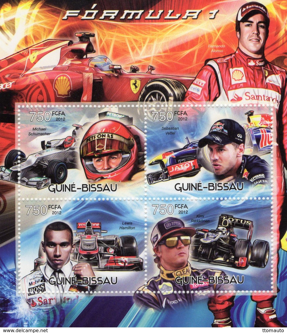 Guine-Bissau 2012  -  Formula 1 -  Alonso-Schumacher-Vettel-Hamilton-Raikkonen- 4v Feuillet Neuf/Mint/MNH - Automobile