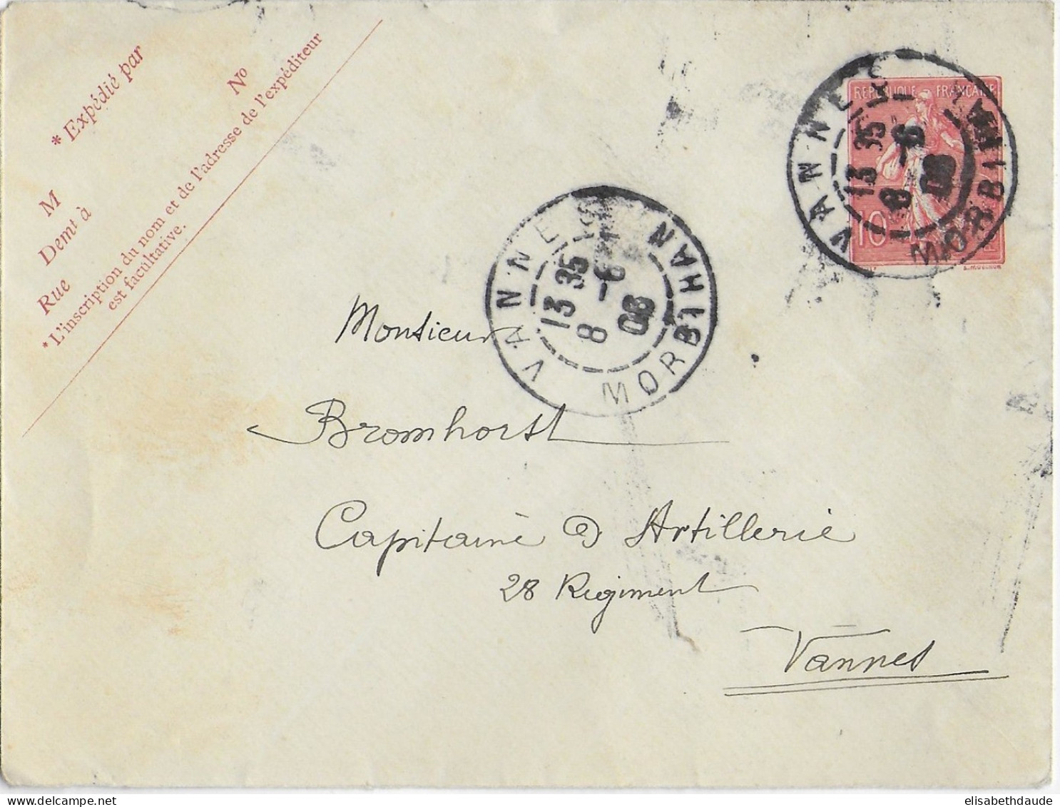 1906 - ENVELOPPE ENTIER POSTAL SEMEUSE 125X94 De VANNES (MORBIHAN) - Standard- Und TSC-Briefe (vor 1995)