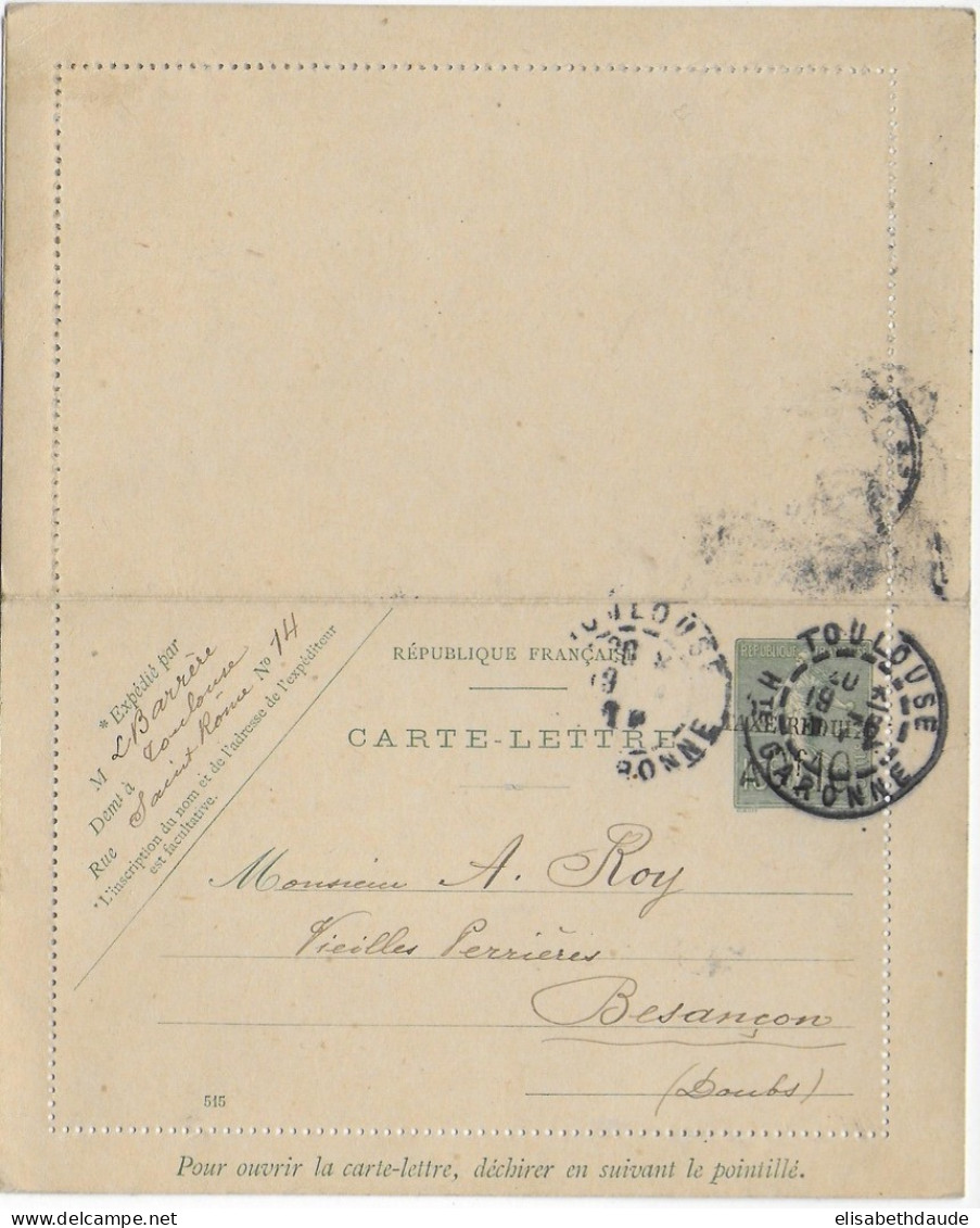 1906 - CARTE-LETTRE ENTIER POSTAL SEMEUSE TAXE REDUITE AVEC BORDS ! De TOULOUSE => BESANCON - Standard Covers & Stamped On Demand (before 1995)