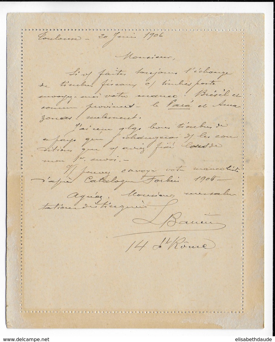 1906 - CARTE-LETTRE ENTIER POSTAL SEMEUSE TAXE REDUITE AVEC BORDS ! De TOULOUSE => BESANCON - Standaardomslagen En TSC (Voor 1995)