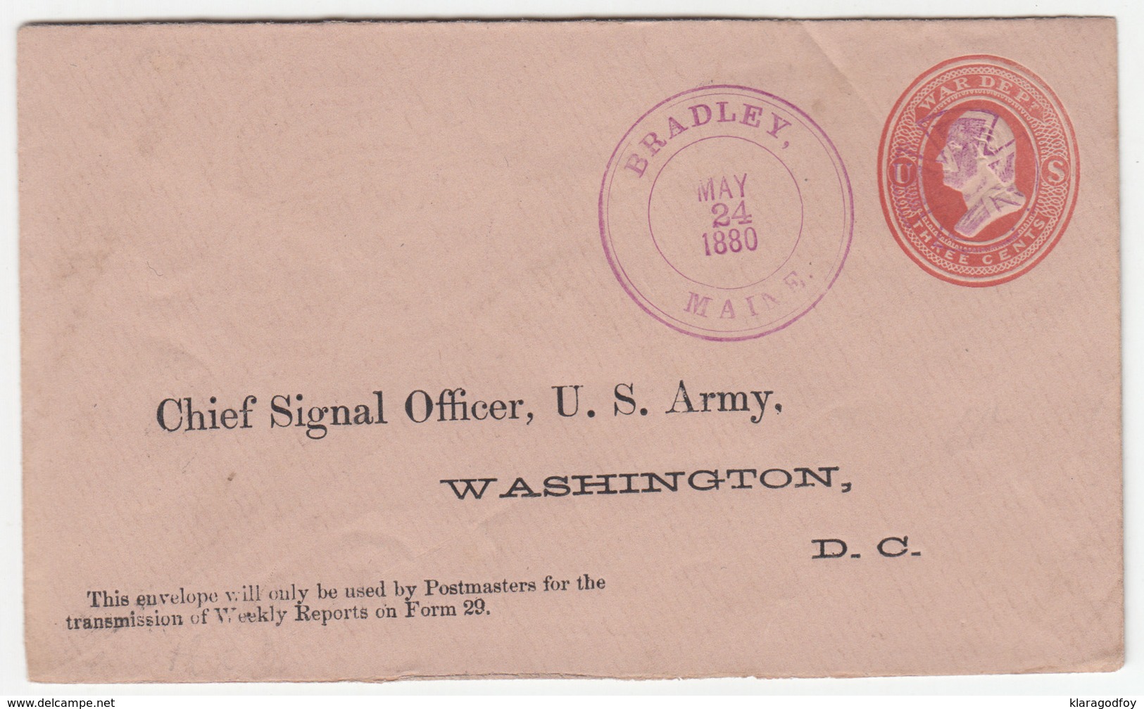 Chief Signal Officer, War Dept Postal Stationery Letter Cover Travelled 1880 Bradley (Maine) Pmk B190401 - ...-1900