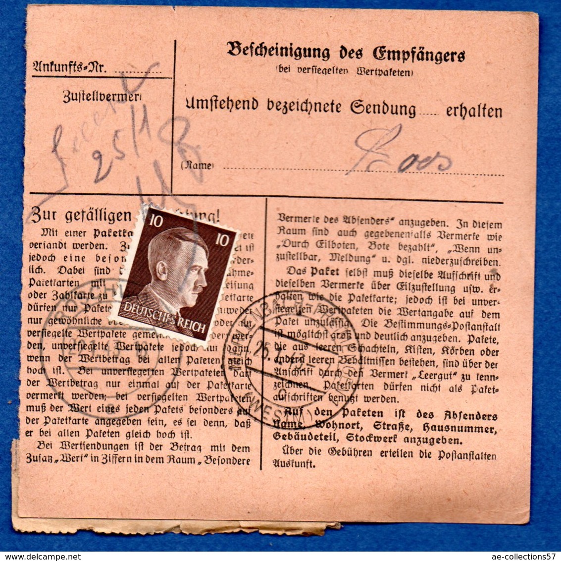 Colis Postal  -  Départ Roppenheim  - 22/1/1943 - Lettres & Documents