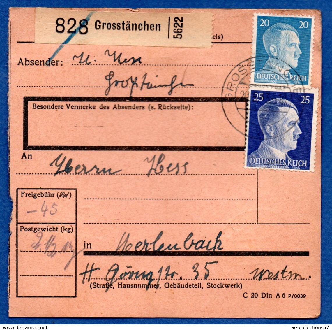 Colis Postal  -  Départ Grosstänchen  -  20/5/1943 - Storia Postale