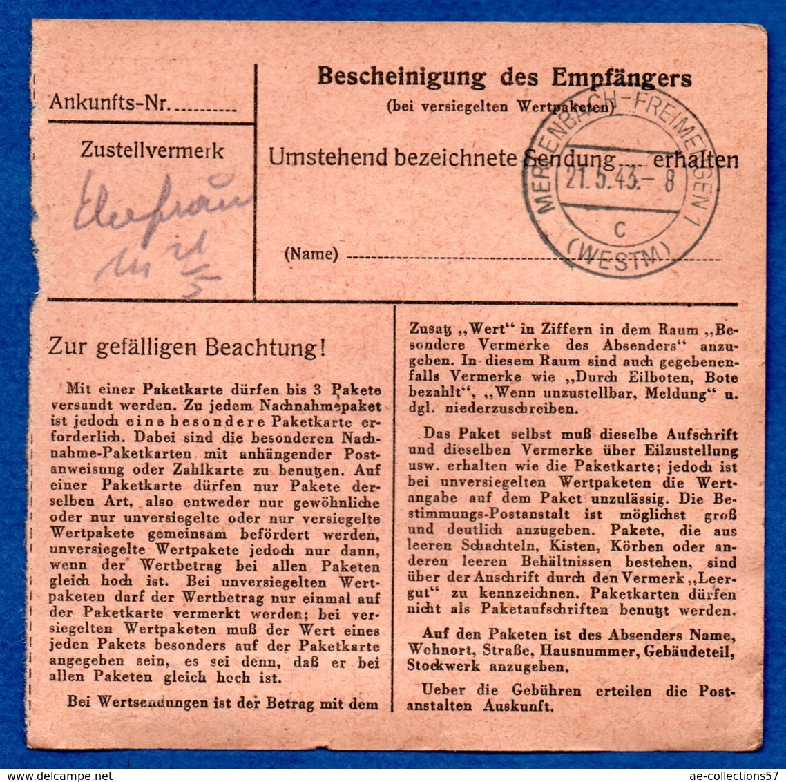 Colis Postal  -  Départ Grosstänchen  -  20/5/1943 - Storia Postale