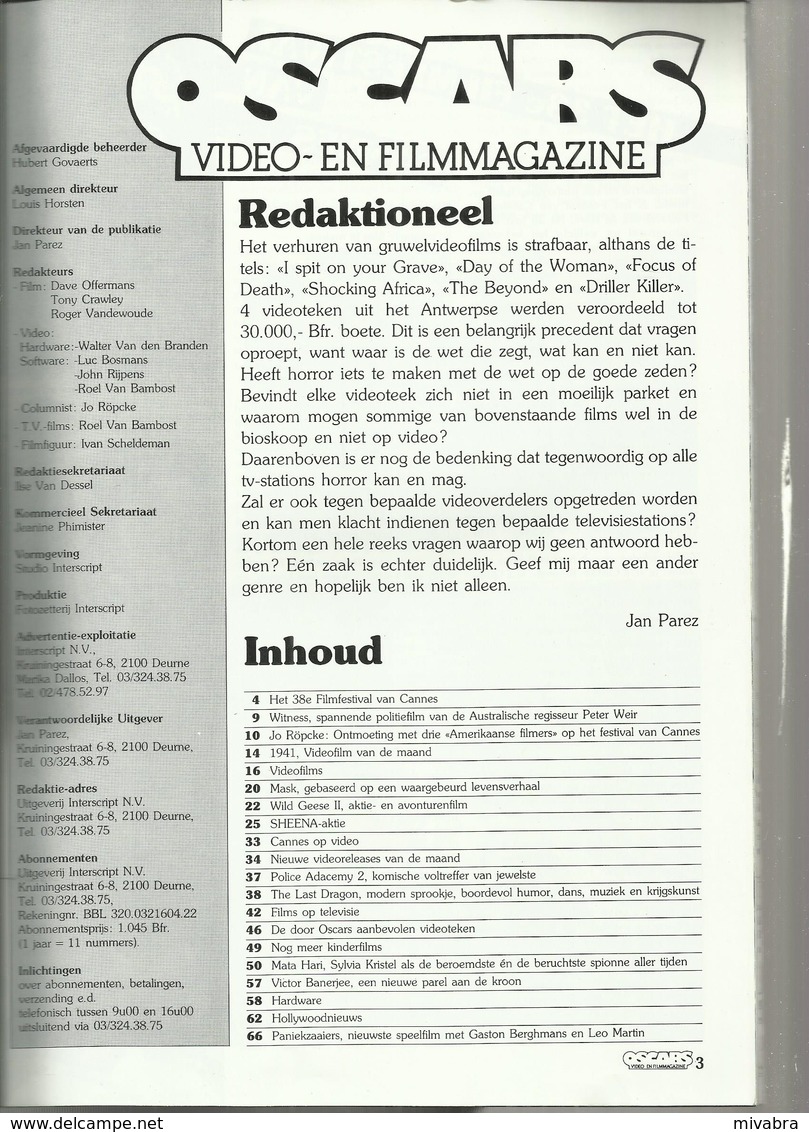 OSCARS VIDEO -EN FILMMAGAZINE N° 9 - 1985 ( SHEENA TANYA ROBERTS MASK WILD GEESE II LAST DRAGON ETC...) - Cinéma & Télévision