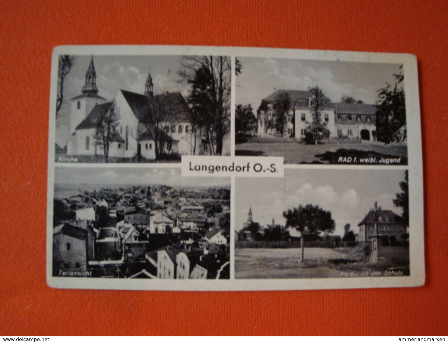 Langendorf Oberschlesien, 4 Ansichten, RAD F. Weibl. Jugend, Schule, Kirche, Teilansicht, Ungelaufen - Schlesien