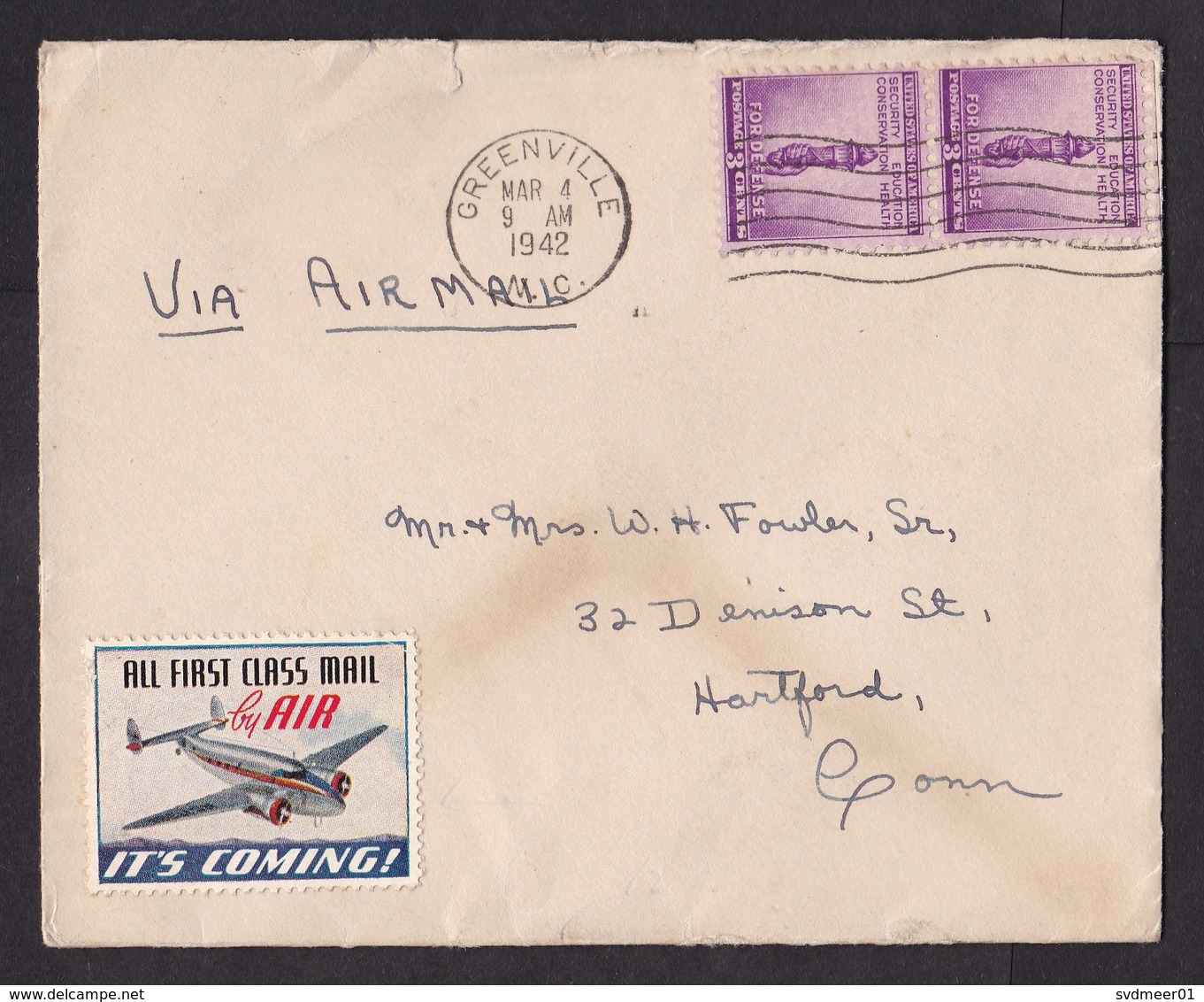 USA: Airmail Cover, 1942, 2 Stamps, Defense, Rare Air Label First Class Mail It's Coming, Airplane (discolouring) - Brieven En Documenten