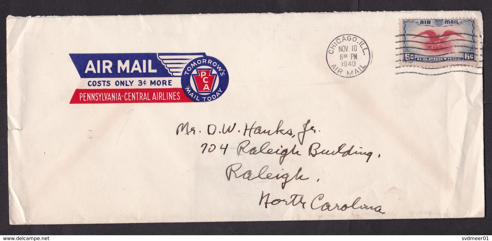 USA: Airmail Cover, 1940, 1 Stamp, Eagle, Rare Air Label Via PCA Pennsylvania Central Airlines (minor Damage) - Brieven En Documenten