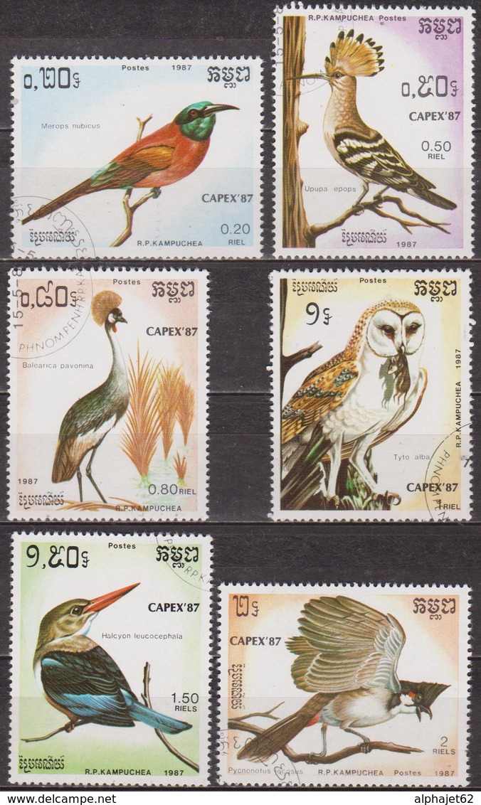 Faune - Oiseaux - KAMPUCHEA - Guepier écarlate, Huppe, Grue Couronnée, Chouette Effraie, Martin  - N° 737 à 742 - 1987 - Kampuchea