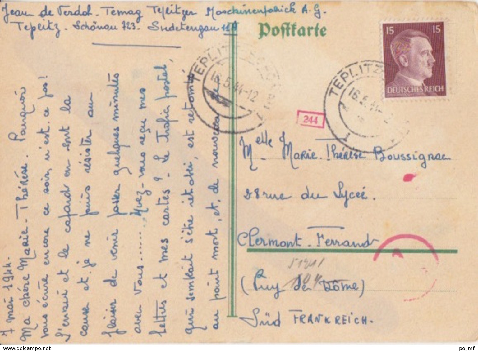 C Postkarte Vert (prisonnier) Obl. Teplitz-Schönau Le 16/5/44 Sur TP Reich 15pf Brun Pour Clermont-ferrand + Contrôle - Briefe U. Dokumente