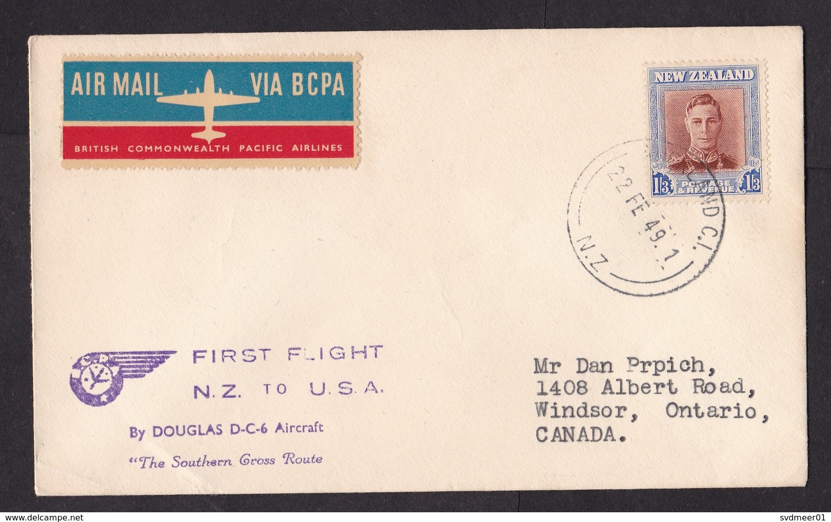 New Zealand: FFC First Flight Cover To Canada, 1949, 1 Stamp, Rare Air Label Via BCPA Airlines, DC-6 (traces Of Use) - Brieven En Documenten