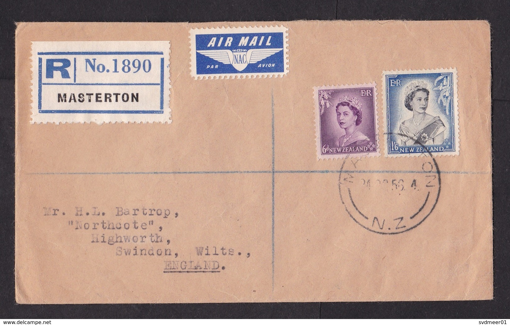 New Zealand: Registered Airmail Cover To UK 1956, 2 Stamps, Air Label Via NAC Airlines, R-label Masterton (minor Damage) - Brieven En Documenten