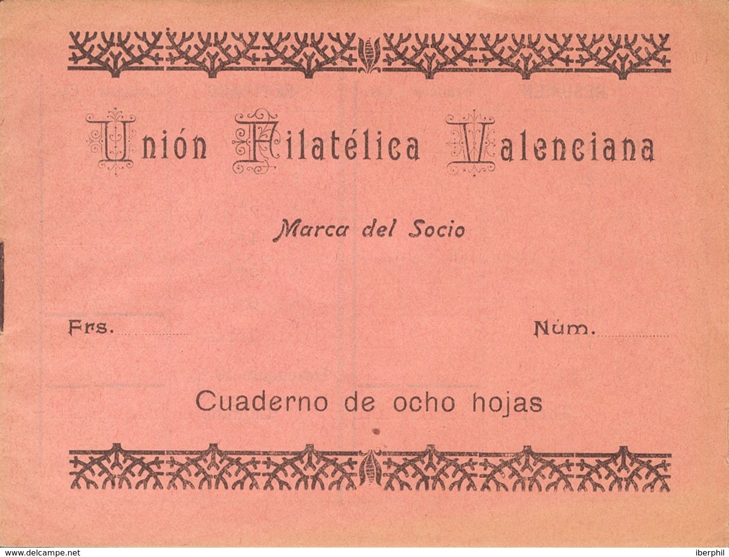 (1950ca). Precioso Cuadernillo Porta Sellos De Ocho Hojas De La UNION FILATELICA VALENCIANA, De Los Años Cuarenta Estilo - Otros & Sin Clasificación