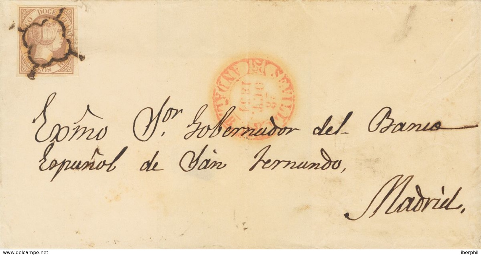 Sobre 7. 1851. 12 Cuartos Lila. SEVILLA A MADRID. Matasello ARAÑA. RARO DOBLE PORTE Y MAGNIFICA. Cert. CEM. - Andere & Zonder Classificatie