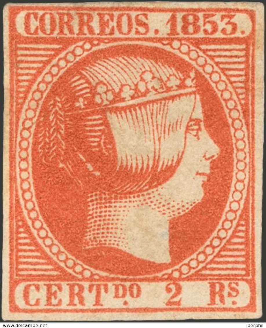 (*)19. 1853. 2 Reales Bermellón (ligero Puntito Claro A La Altura Del Cuello). Color Muy Intenso Y Amplios Márgenes. MAG - Other & Unclassified