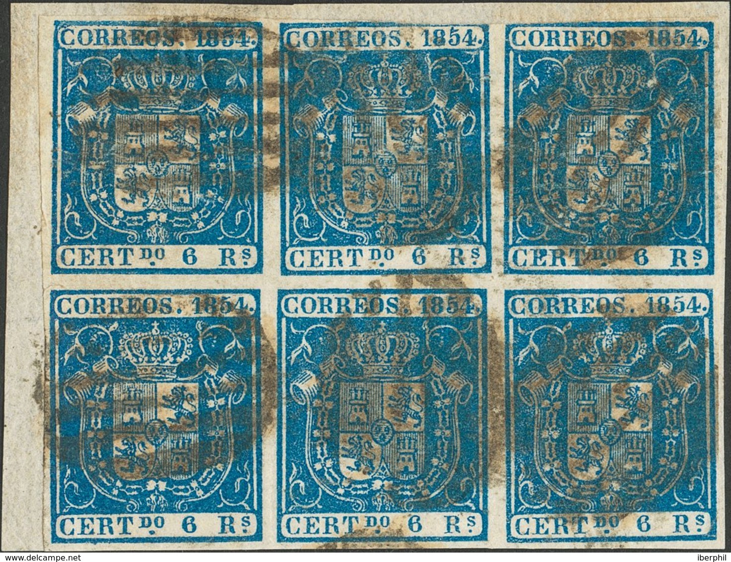 º27(6). 1854. 6 Reales Azul, Bloque De Seis. MAGNIFICO Y MUY RARO BLOQUE DE ESTE TAMAÑO. Cert. CEM. Edifil 2014: 4.125 E - Sonstige & Ohne Zuordnung