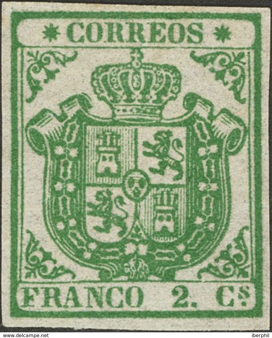 (*)32. 1854. 2 Cuartos Verde. Color Muy Intenso Y Márgenes Enormes. PIEZA DE LUJO, SIN DUDA UNO DE LOS MEJORES CONOCIDOS - Autres & Non Classés