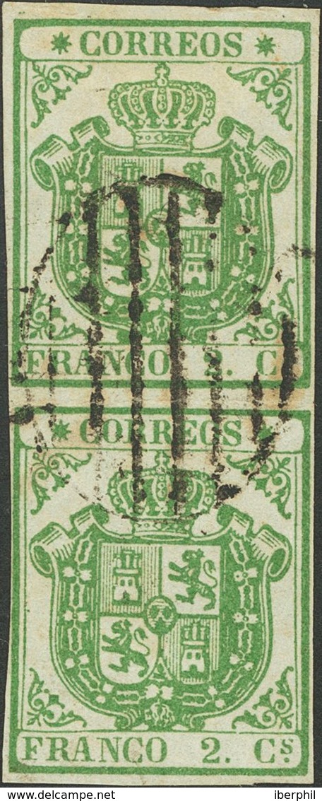 º32A(2). 1854. 2 Cuartos Verde PAPEL AZULADO GRUESO, Pareja Vertical (leve Cortecito Entre Los Sellos Que No Afecta Al D - Autres & Non Classés