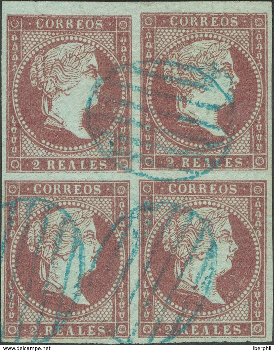 º42(4). 1855. 2 Reales Violeta, Bloque De Cuatro, Borde De Hoja. Matasello PARRILLA, En Azul. MAGNIFICO. Edifil 2014: ++ - Autres & Non Classés