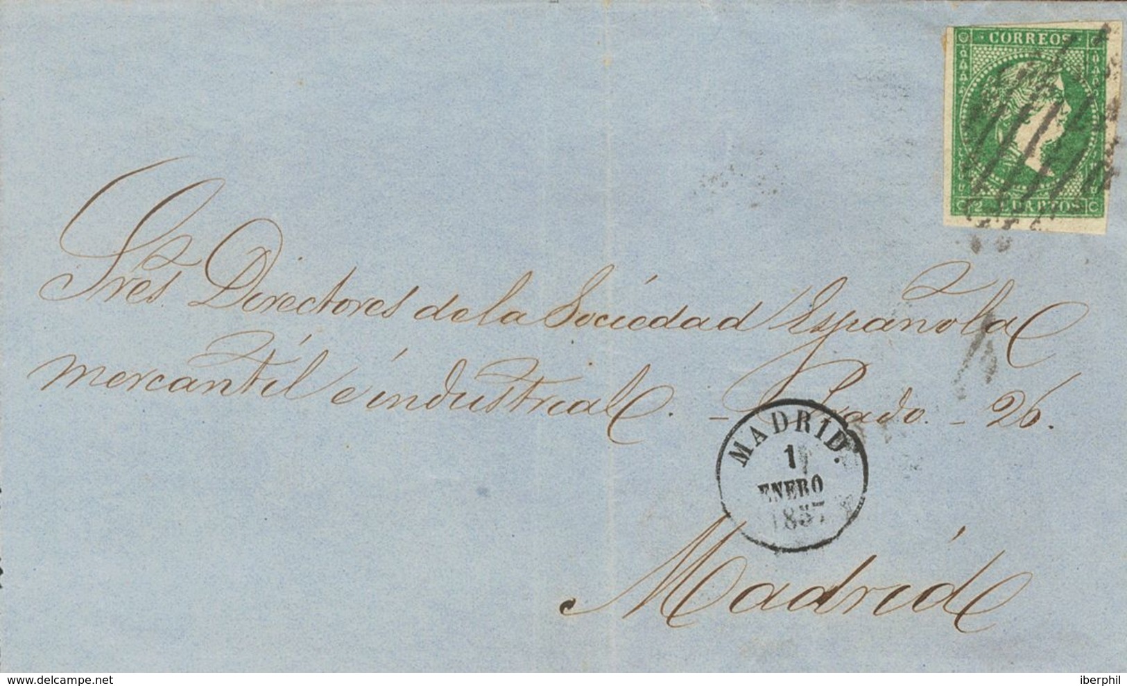 Sobre 43. 1857. 2 Cuartos Verde. Frontal De Correo Interior De MADRID. Matasello REJILLA Y En El Frente Fechador Experim - Autres & Non Classés