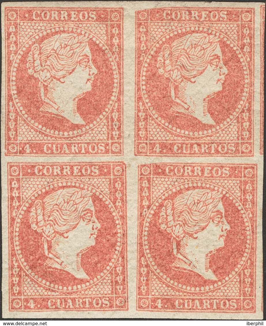 *44(4). 1855. 4 Cuartos Rojo, Bloque De Cuatro. MAGNIFICO. Edifil 2014: +109 Euros - Autres & Non Classés