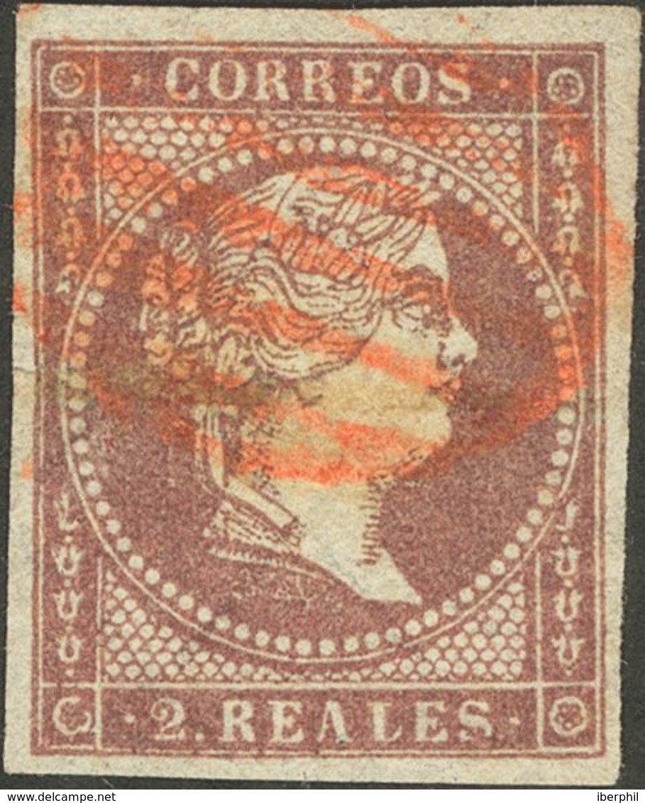 º46. 1855. 2 Reales Violeta. Matasello PARRILLA, En Rojo. MAGNIFICO. Edifil 2014: 205 Euros - Sonstige & Ohne Zuordnung