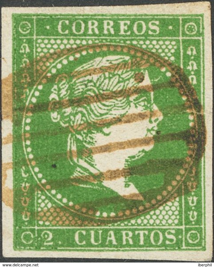 º47. 1855. 2 Cuartos Verde (invisible Doblez Horizontal). Matasello PARRILLA, En Tinta De Escribir. MAGNIFICO. - Autres & Non Classés